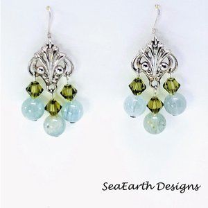 Aquamarine and Khaki Crystal Earrings